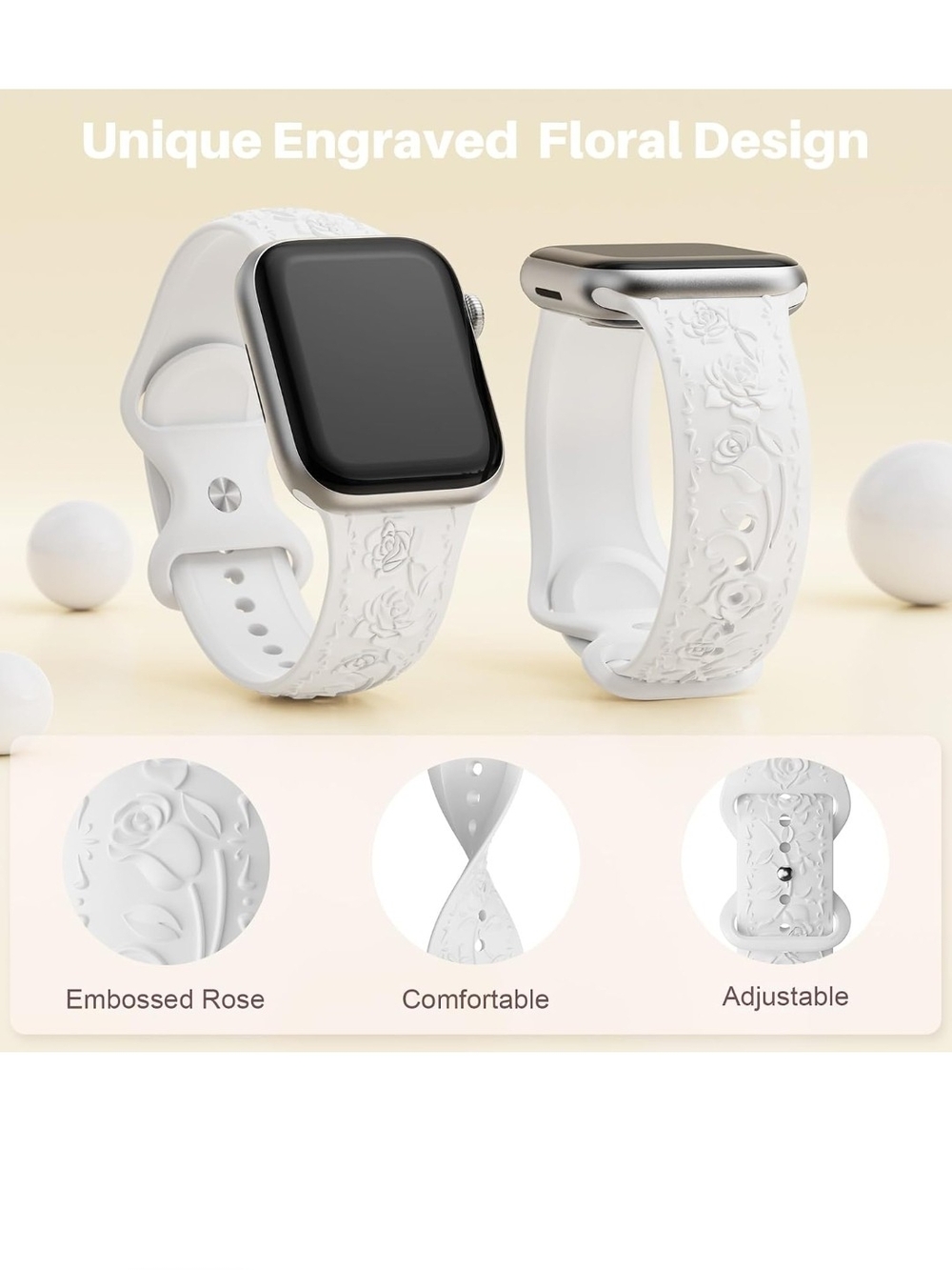 White & BLACK Floral Embossed Silicone Smartwatch Band